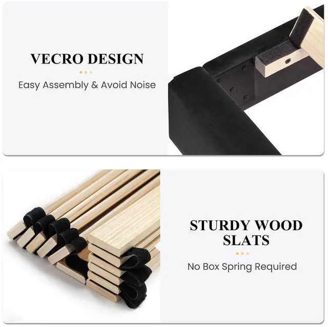 Alt view image 4 of 7 - Queen Bed Frame/Velvet Upholstered Platform Bed Frame with Headboard/Strong Wood Slats Support/Mattress Foundation/No Box Spring Needed - Black