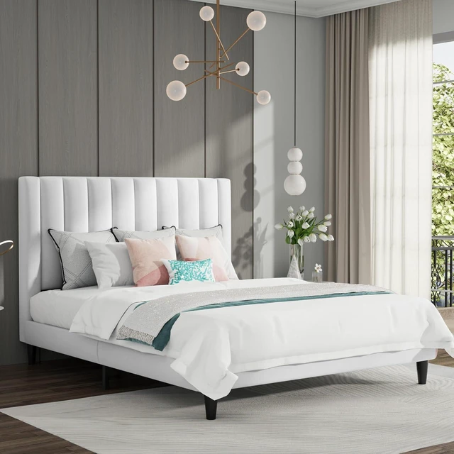 Alt view image 3 of 7 - Full Bed Frame/Velvet Upholstered Platform Bed Frame with Headboard/Strong Wood Slats Support/Mattress Foundation/No Box Spring Needed/Easy Assembly/White