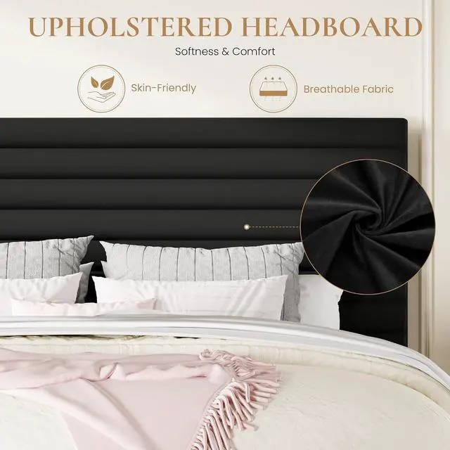 Alt view image 6 of 7 - Full Size Platform Bed Frame with Adjustable Headboard, Velvet Upholstered Bed with Under-Bed Storage, Modern Horizontal Channel Tufted, Wood Slats Support, No Box Spring Needed, Black