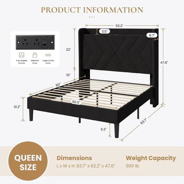 Alt view image 2 of 7 - Queen Bed Frame, Velvet Upholstered Platform Bed Frame with Wingback Storage Headboard & Charging Station, Geometric Tufted Design, No Box Spring Needed, Easy Assembly, Black