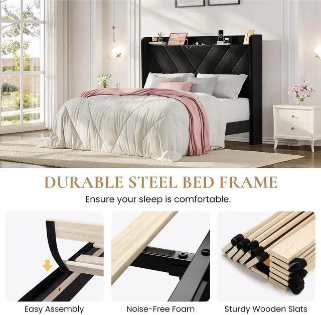 Alt view image 6 of 7 - Queen Bed Frame, Velvet Upholstered Platform Bed Frame with Wingback Storage Headboard & Charging Station, Geometric Tufted Design, No Box Spring Needed, Easy Assembly, Black