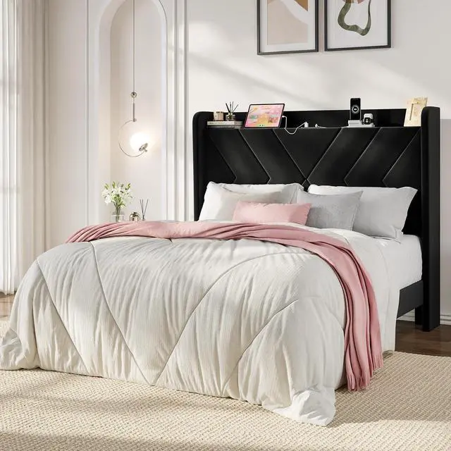 Main image of Queen Bed Frame, Velvet Upholstered Platform Bed Frame with Wingback Storage Headboard & Charging Station, Geometric Tufted Design, No Box Spring Needed, Easy Assembly, Black