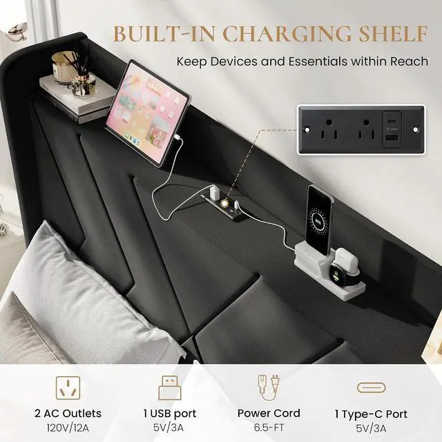 Alt view image 4 of 7 - Queen Bed Frame, Velvet Upholstered Platform Bed Frame with Wingback Storage Headboard & Charging Station, Geometric Tufted Design, No Box Spring Needed, Easy Assembly, Black