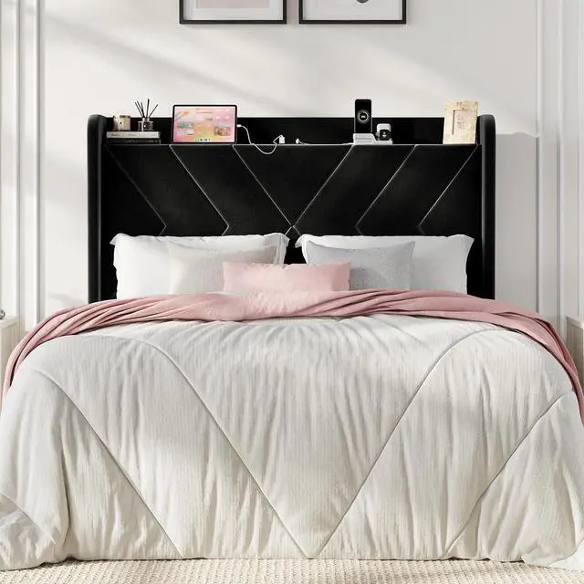 Alt view image 3 of 7 - Queen Bed Frame, Velvet Upholstered Platform Bed Frame with Wingback Storage Headboard & Charging Station, Geometric Tufted Design, No Box Spring Needed, Easy Assembly, Black