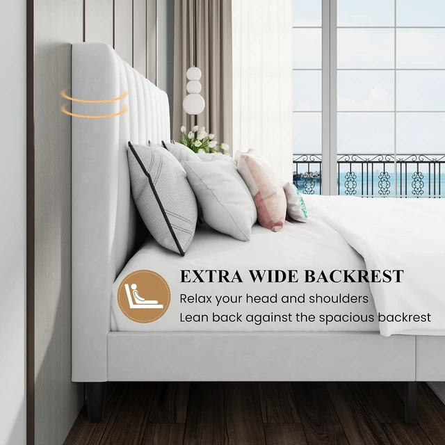 Alt view image 5 of 7 - Full Bed Frame/Velvet Upholstered Platform Bed Frame with Headboard/Strong Wood Slats Support/Mattress Foundation/No Box Spring Needed/Easy Assembly/White