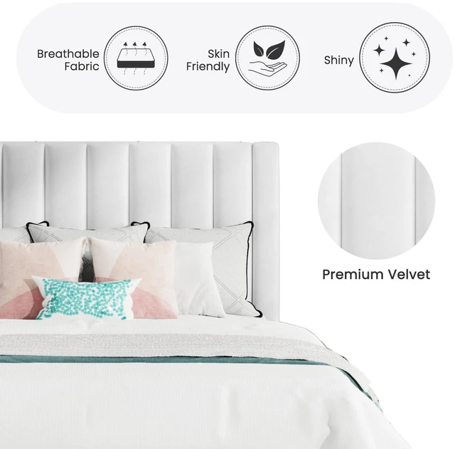 Alt view image 6 of 7 - Full Bed Frame/Velvet Upholstered Platform Bed Frame with Headboard/Strong Wood Slats Support/Mattress Foundation/No Box Spring Needed/Easy Assembly/White