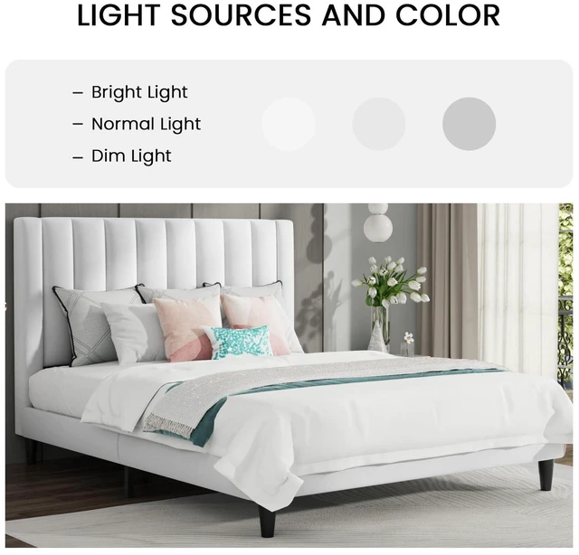 Alt view image 4 of 7 - Full Bed Frame/Velvet Upholstered Platform Bed Frame with Headboard/Strong Wood Slats Support/Mattress Foundation/No Box Spring Needed/Easy Assembly/White