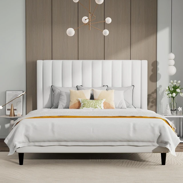 Alt view image 3 of 7 - King Bed Frame/Velvet Upholstered Platform Bed Frame with Headboard/Strong Wood Slats Support/Mattress Foundation/No Box Spring Needed/Easy Assembly/White