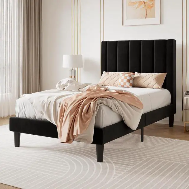 Alt view image 3 of 7 - Twin Bed Frame/Velvet Upholstered Platform Bed Frame with Headboard/Strong Wood Slats Support/Mattress Foundation/No Box Spring Needed - Black
