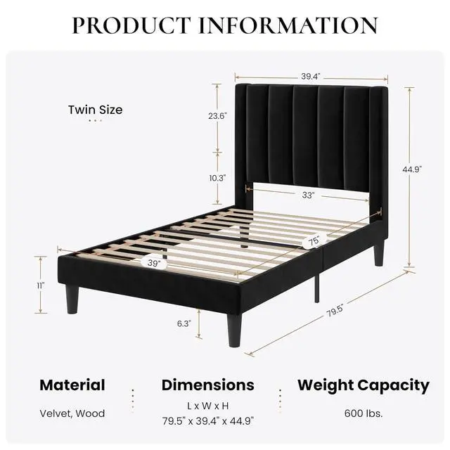 Alt view image 2 of 7 - Twin Bed Frame/Velvet Upholstered Platform Bed Frame with Headboard/Strong Wood Slats Support/Mattress Foundation/No Box Spring Needed - Black