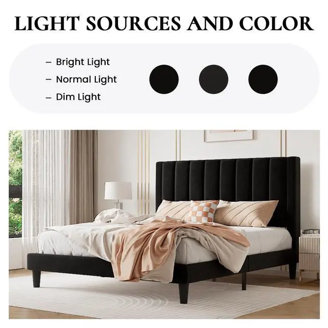 Alt view image 5 of 7 - Twin Bed Frame/Velvet Upholstered Platform Bed Frame with Headboard/Strong Wood Slats Support/Mattress Foundation/No Box Spring Needed - Black