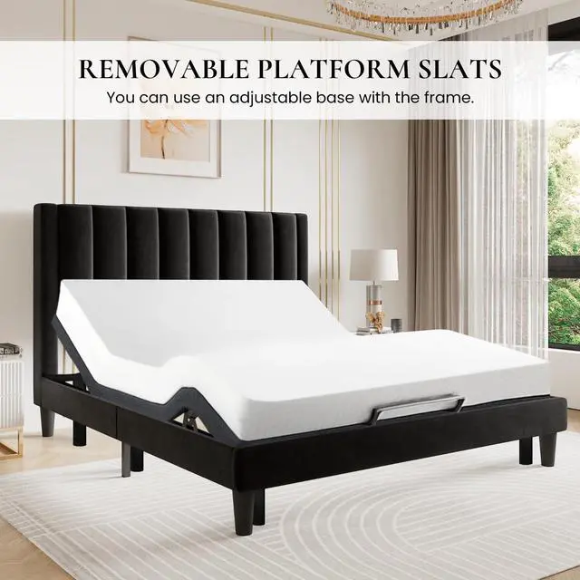 Alt view image 7 of 7 - Twin Bed Frame/Velvet Upholstered Platform Bed Frame with Headboard/Strong Wood Slats Support/Mattress Foundation/No Box Spring Needed - Black