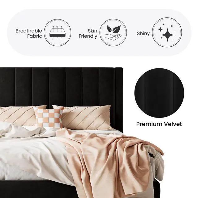 Alt view image 4 of 7 - Twin Bed Frame/Velvet Upholstered Platform Bed Frame with Headboard/Strong Wood Slats Support/Mattress Foundation/No Box Spring Needed - Black
