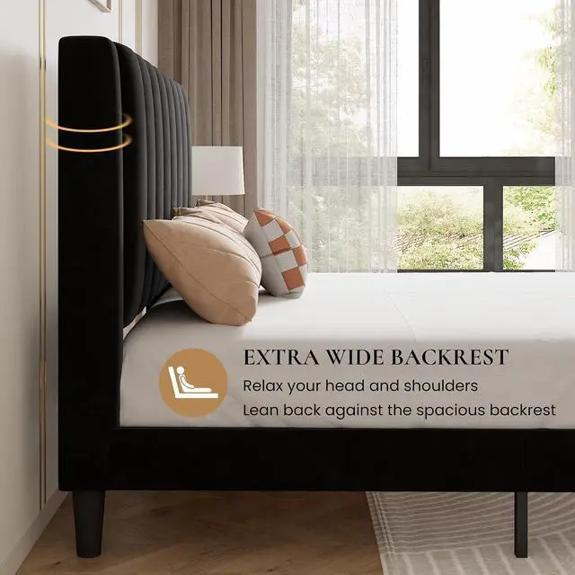 Alt view image 6 of 7 - Twin Bed Frame/Velvet Upholstered Platform Bed Frame with Headboard/Strong Wood Slats Support/Mattress Foundation/No Box Spring Needed - Black