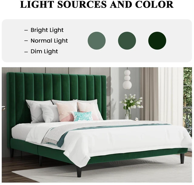 Alt view image 3 of 7 - King Bed Frame/Velvet Upholstered Platform Bed Frame with Headboard/Strong Wood Slats Support/Mattress Foundation/No Box Spring Needed - Green