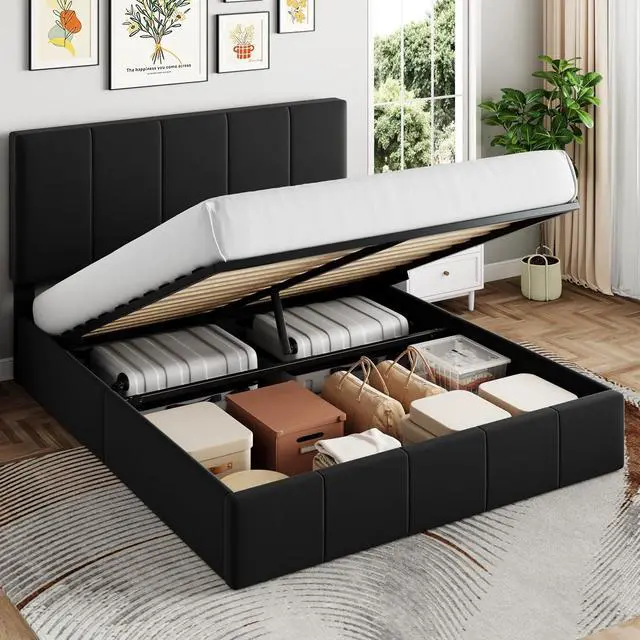 Main image of Queen Size Lift Up Storage Bed Frame, Adjustable Headboard, Hydraulic Support, Velvet Upholstered, Easy Installation, No Box Spring Needed, Black