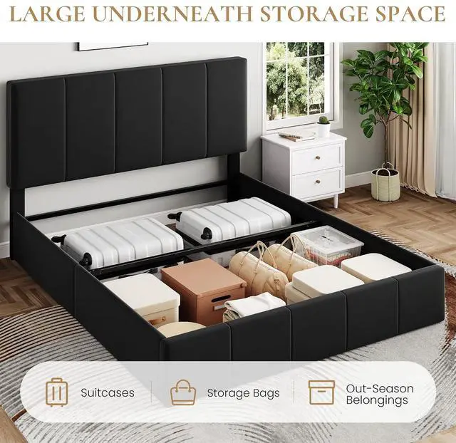 Alt view image 3 of 7 - Queen Size Lift Up Storage Bed Frame, Adjustable Headboard, Hydraulic Support, Velvet Upholstered, Easy Installation, No Box Spring Needed, Black