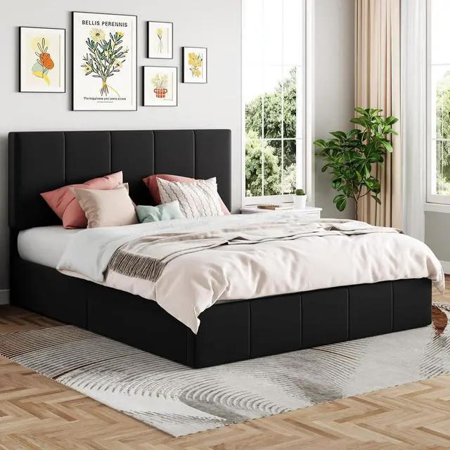 Alt view image 6 of 7 - Queen Size Lift Up Storage Bed Frame, Adjustable Headboard, Hydraulic Support, Velvet Upholstered, Easy Installation, No Box Spring Needed, Black