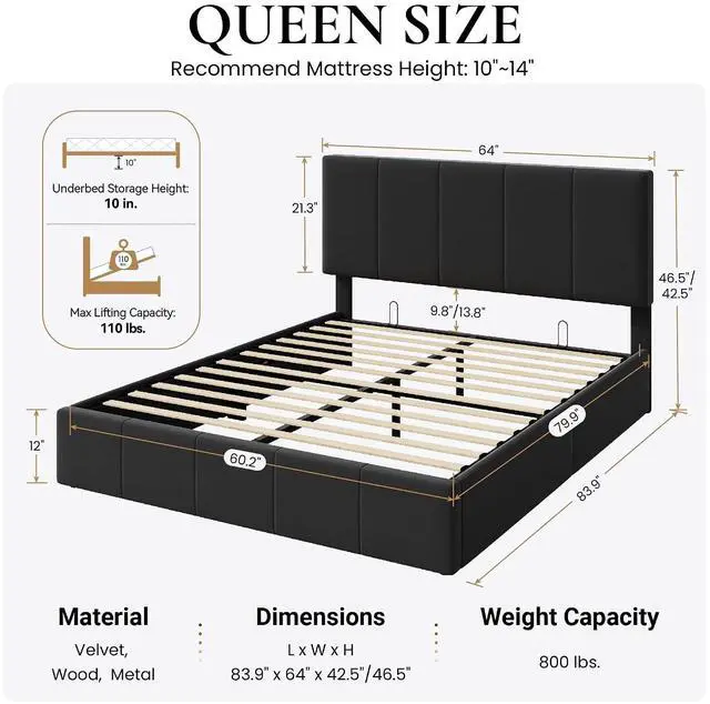 Alt view image 2 of 7 - Queen Size Lift Up Storage Bed Frame, Adjustable Headboard, Hydraulic Support, Velvet Upholstered, Easy Installation, No Box Spring Needed, Black
