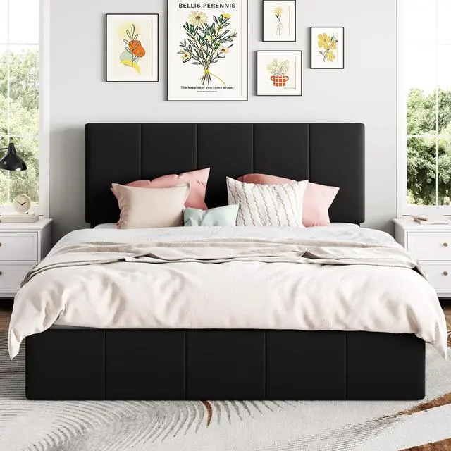 Alt view image 7 of 7 - Queen Size Lift Up Storage Bed Frame, Adjustable Headboard, Hydraulic Support, Velvet Upholstered, Easy Installation, No Box Spring Needed, Black