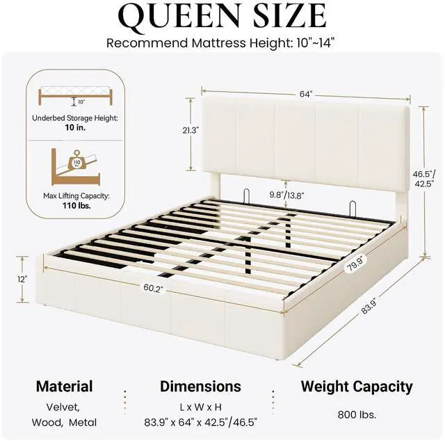 Alt view image 2 of 7 - Queen Size Lift Up Storage Bed Frame, Adjustable Headboard, Hydraulic Support, Velvet Upholstered, Easy Installation, No Box Spring Needed, Cream