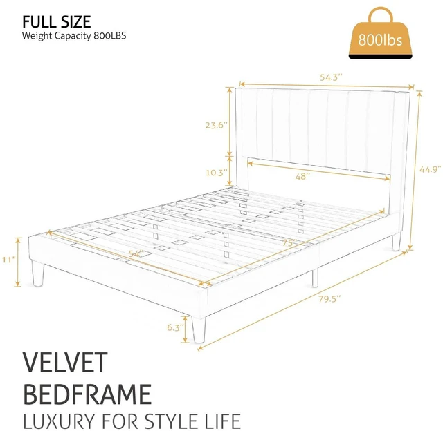 Alt view image 2 of 7 - Full Bed Frame/Velvet Upholstered Platform Bed Frame with Headboard/Strong Wood Slats Support/Mattress Foundation/No Box Spring Needed/Easy Assembly/White