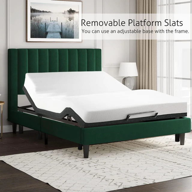 Alt view image 7 of 7 - King Bed Frame/Velvet Upholstered Platform Bed Frame with Headboard/Strong Wood Slats Support/Mattress Foundation/No Box Spring Needed - Green