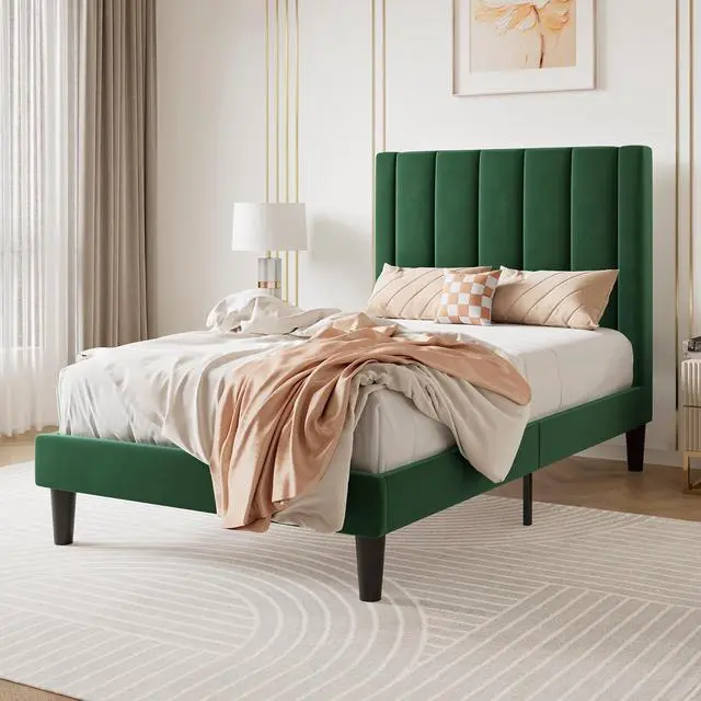 Alt view image 3 of 7 - Twin Bed Frame/Velvet Upholstered Platform Bed Frame with Headboard/Strong Wood Slats Support/Mattress Foundation/No Box Spring Needed - Green