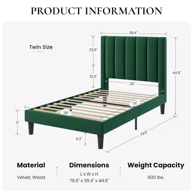 Alt view image 2 of 7 - Twin Bed Frame/Velvet Upholstered Platform Bed Frame with Headboard/Strong Wood Slats Support/Mattress Foundation/No Box Spring Needed - Green