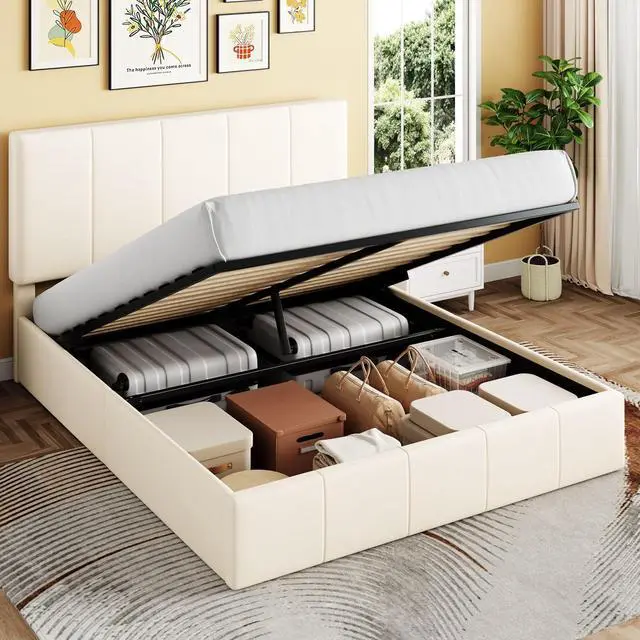 Main image of Full Size Lift Up Storage Bed Frame, Adjustable Headboard, Hydraulic Support, Velvet Upholstered, Easy Installation, No Box Spring Needed, Cream