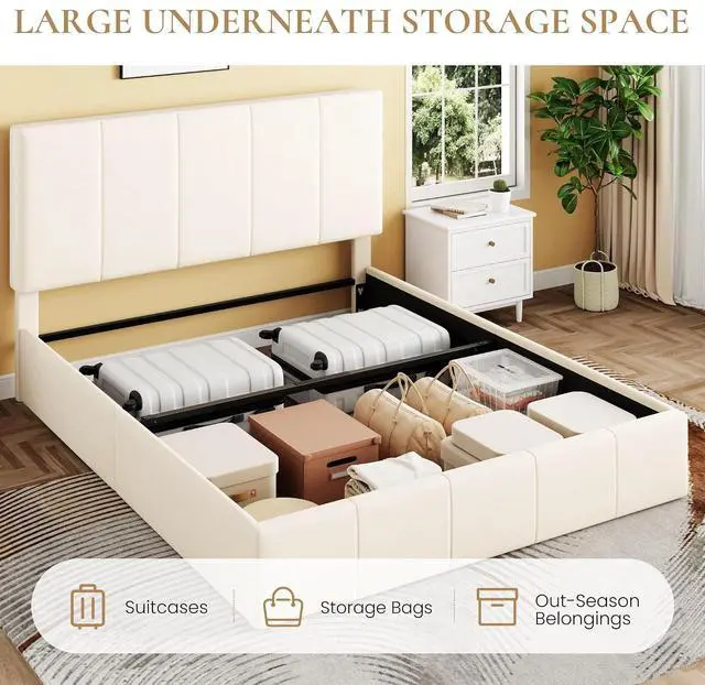Alt view image 3 of 7 - Full Size Lift Up Storage Bed Frame, Adjustable Headboard, Hydraulic Support, Velvet Upholstered, Easy Installation, No Box Spring Needed, Cream