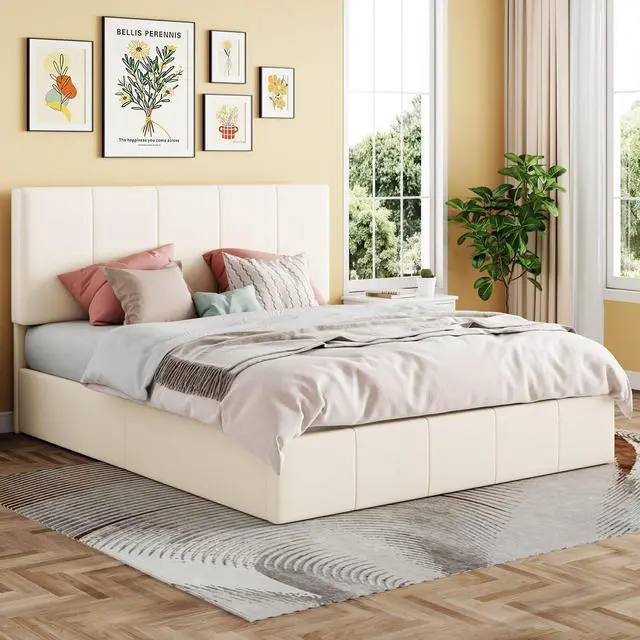 Alt view image 6 of 7 - Full Size Lift Up Storage Bed Frame, Adjustable Headboard, Hydraulic Support, Velvet Upholstered, Easy Installation, No Box Spring Needed, Cream