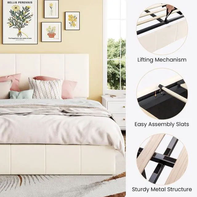 Alt view image 5 of 7 - Full Size Lift Up Storage Bed Frame, Adjustable Headboard, Hydraulic Support, Velvet Upholstered, Easy Installation, No Box Spring Needed, Cream