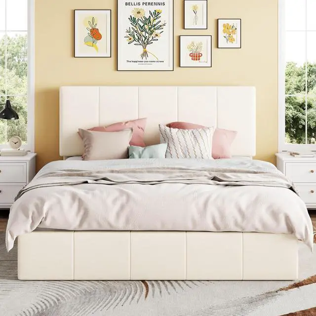 Alt view image 7 of 7 - Full Size Lift Up Storage Bed Frame, Adjustable Headboard, Hydraulic Support, Velvet Upholstered, Easy Installation, No Box Spring Needed, Cream