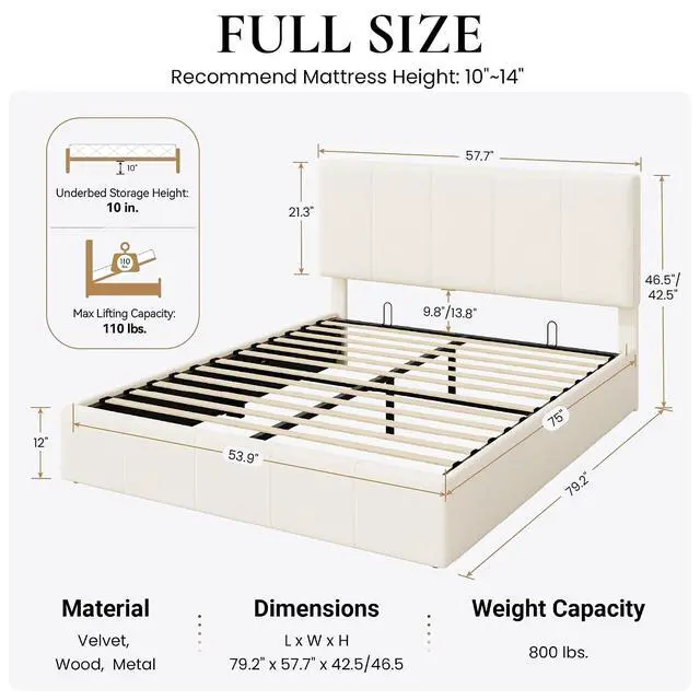 Alt view image 2 of 7 - Full Size Lift Up Storage Bed Frame, Adjustable Headboard, Hydraulic Support, Velvet Upholstered, Easy Installation, No Box Spring Needed, Cream