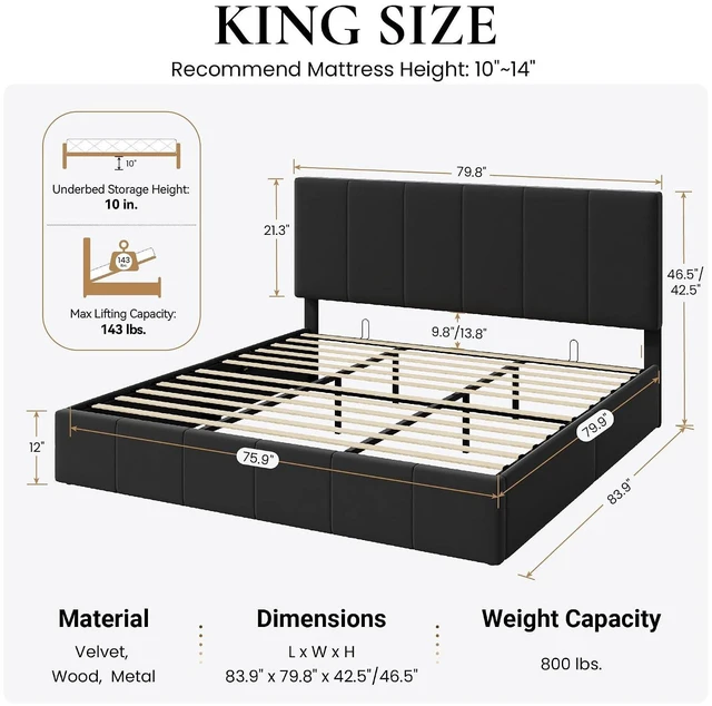Alt view image 2 of 7 - King Size Lift Up Storage Bed Frame, Adjustable Headboard, Hydraulic Support, Velvet Upholstered, Easy Installation, No Box Spring Needed, Black