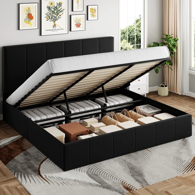 Main image of King Size Lift Up Storage Bed Frame, Adjustable Headboard, Hydraulic Support, Velvet Upholstered, Easy Installation, No Box Spring Needed, Black