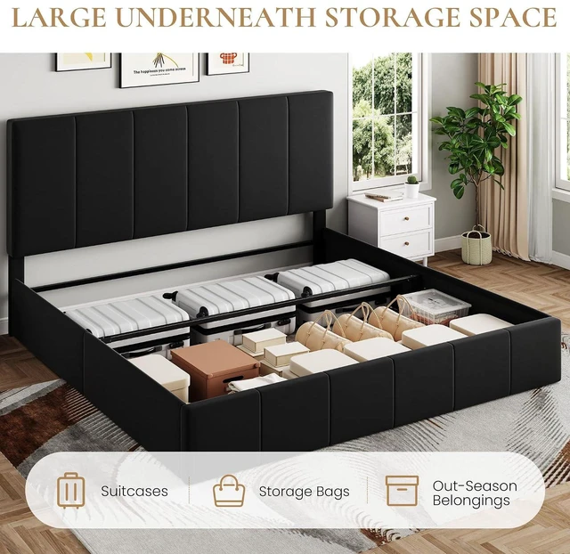 Alt view image 3 of 7 - King Size Lift Up Storage Bed Frame, Adjustable Headboard, Hydraulic Support, Velvet Upholstered, Easy Installation, No Box Spring Needed, Black