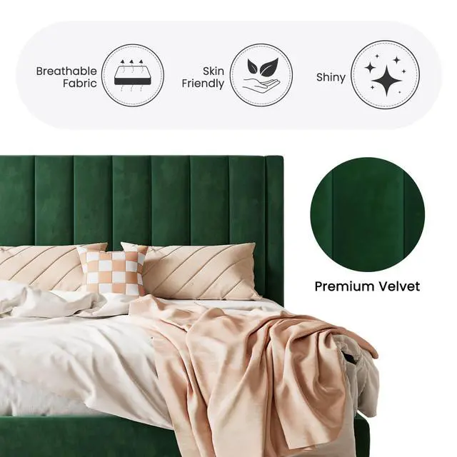 Alt view image 4 of 7 - Twin Bed Frame/Velvet Upholstered Platform Bed Frame with Headboard/Strong Wood Slats Support/Mattress Foundation/No Box Spring Needed - Green