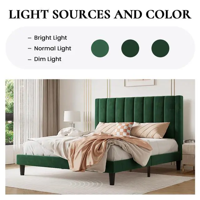 Alt view image 5 of 7 - Twin Bed Frame/Velvet Upholstered Platform Bed Frame with Headboard/Strong Wood Slats Support/Mattress Foundation/No Box Spring Needed - Green