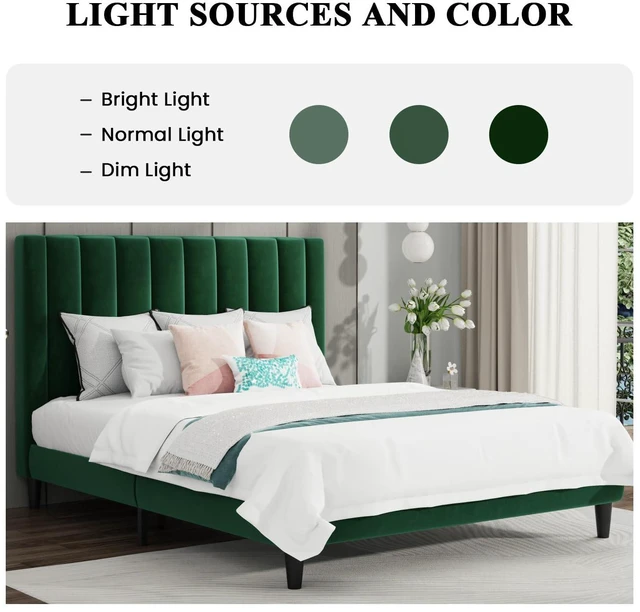 Alt view image 3 of 7 - Queen Bed Frame/Velvet Upholstered Platform Bed Frame with Headboard/Strong Wood Slats Support/Mattress Foundation/No Box Spring Needed - Green