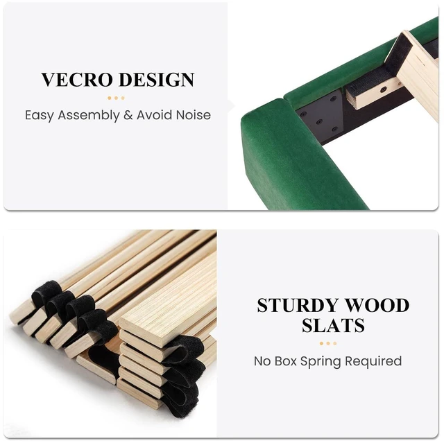 Alt view image 4 of 7 - King Bed Frame/Velvet Upholstered Platform Bed Frame with Headboard/Strong Wood Slats Support/Mattress Foundation/No Box Spring Needed - Green