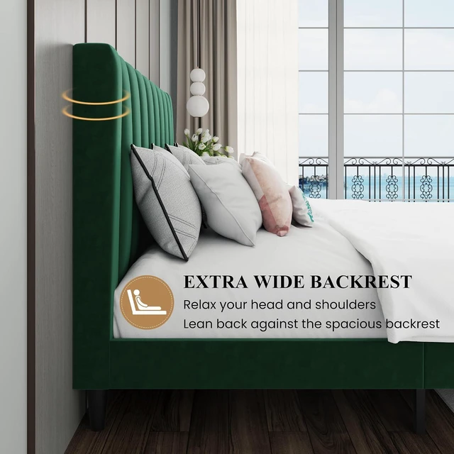 Alt view image 6 of 7 - King Bed Frame/Velvet Upholstered Platform Bed Frame with Headboard/Strong Wood Slats Support/Mattress Foundation/No Box Spring Needed - Green
