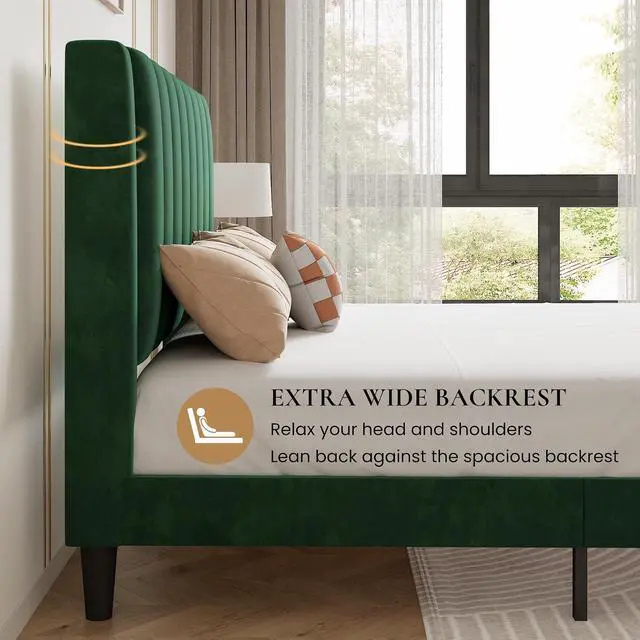 Alt view image 6 of 7 - Twin Bed Frame/Velvet Upholstered Platform Bed Frame with Headboard/Strong Wood Slats Support/Mattress Foundation/No Box Spring Needed - Green