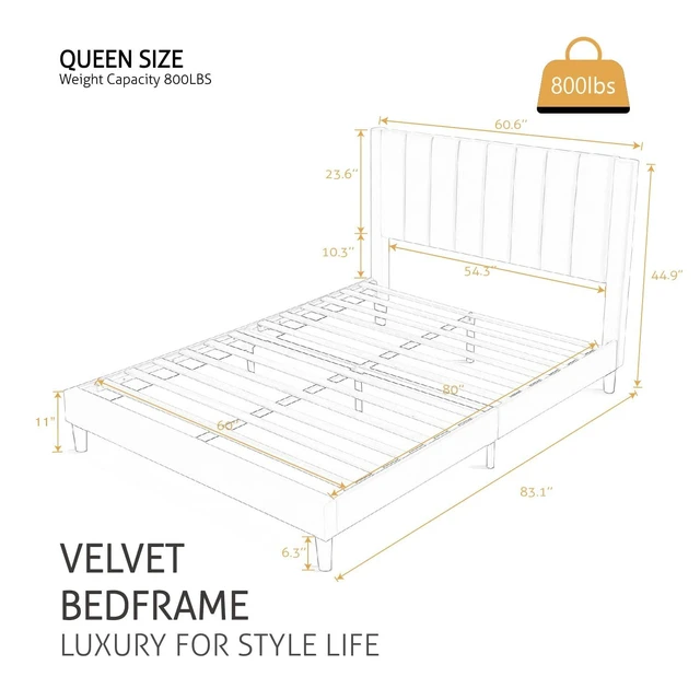 Alt view image 2 of 7 - Queen Bed Frame/Velvet Upholstered Platform Bed Frame with Headboard/Strong Wood Slats Support/Mattress Foundation/No Box Spring Needed - Green