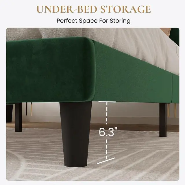 Alt view image 7 of 7 - Twin Bed Frame/Velvet Upholstered Platform Bed Frame with Headboard/Strong Wood Slats Support/Mattress Foundation/No Box Spring Needed - Green