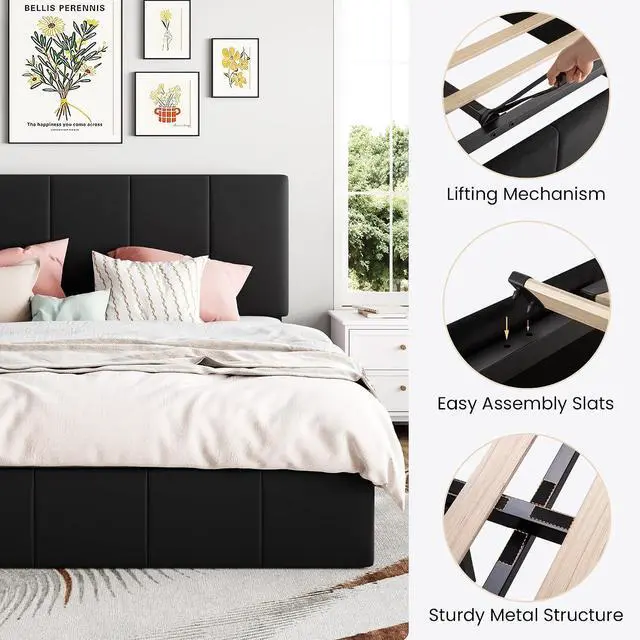 Alt view image 5 of 7 - Queen Size Lift Up Storage Bed Frame, Adjustable Headboard, Hydraulic Support, Velvet Upholstered, Easy Installation, No Box Spring Needed, Black