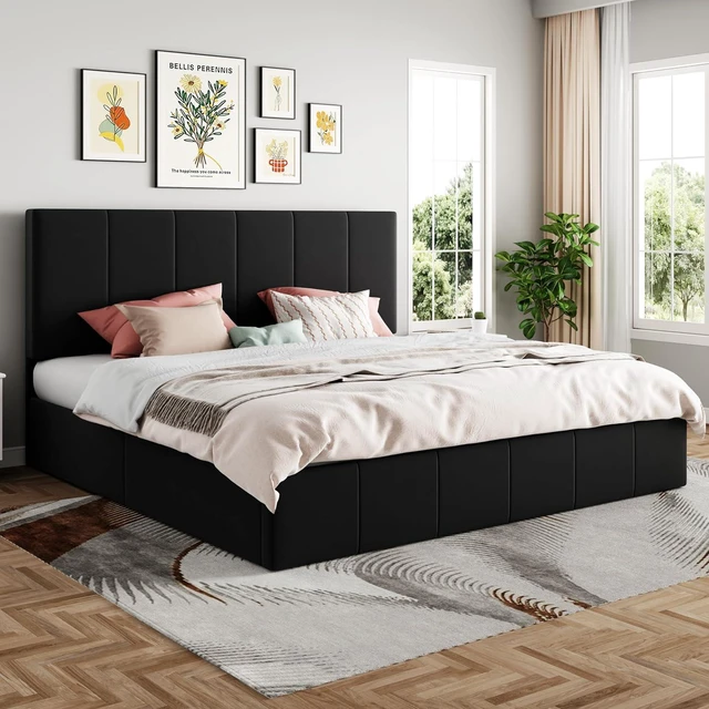 Alt view image 6 of 7 - King Size Lift Up Storage Bed Frame, Adjustable Headboard, Hydraulic Support, Velvet Upholstered, Easy Installation, No Box Spring Needed, Black