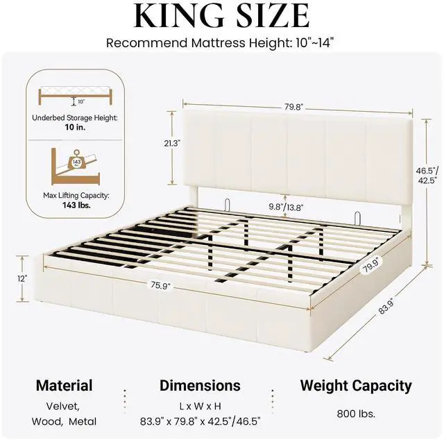 Alt view image 2 of 7 - King Size Lift Up Storage Bed Frame, Adjustable Headboard, Hydraulic Support, Velvet Upholstered, Easy Installation, No Box Spring Needed, Cream