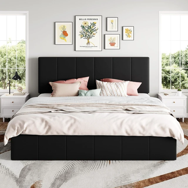 Alt view image 7 of 7 - King Size Lift Up Storage Bed Frame, Adjustable Headboard, Hydraulic Support, Velvet Upholstered, Easy Installation, No Box Spring Needed, Black